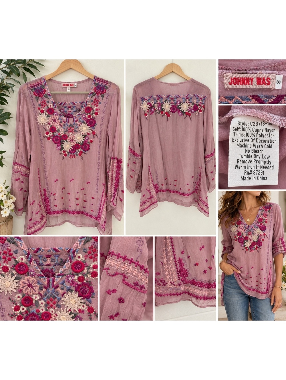 Johnny Was Mauve Pink Embroidered Floral Blouse – Size Small